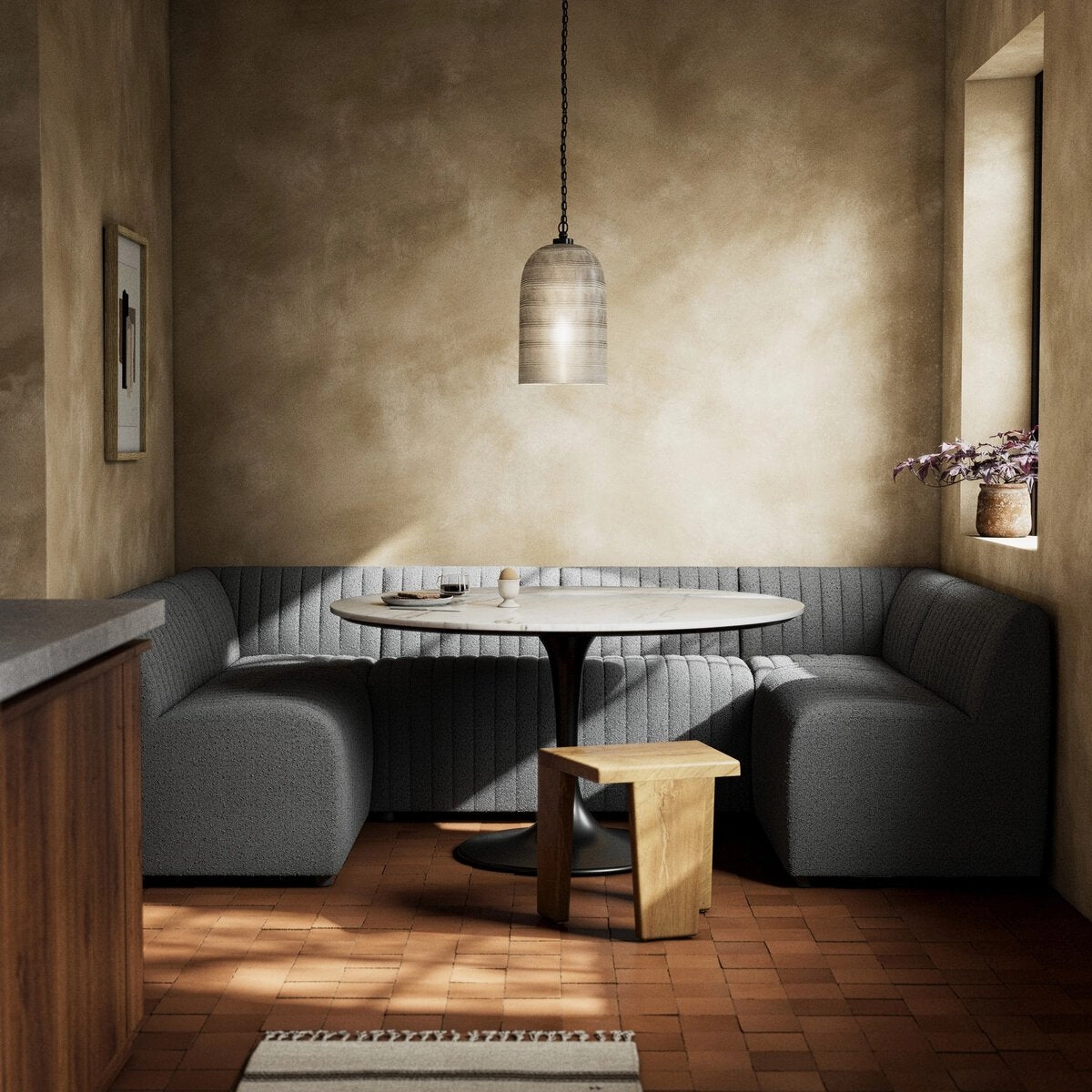 Alexander Dining Banquette, U Shape - 106" - Fiqa Boucle Charcoal