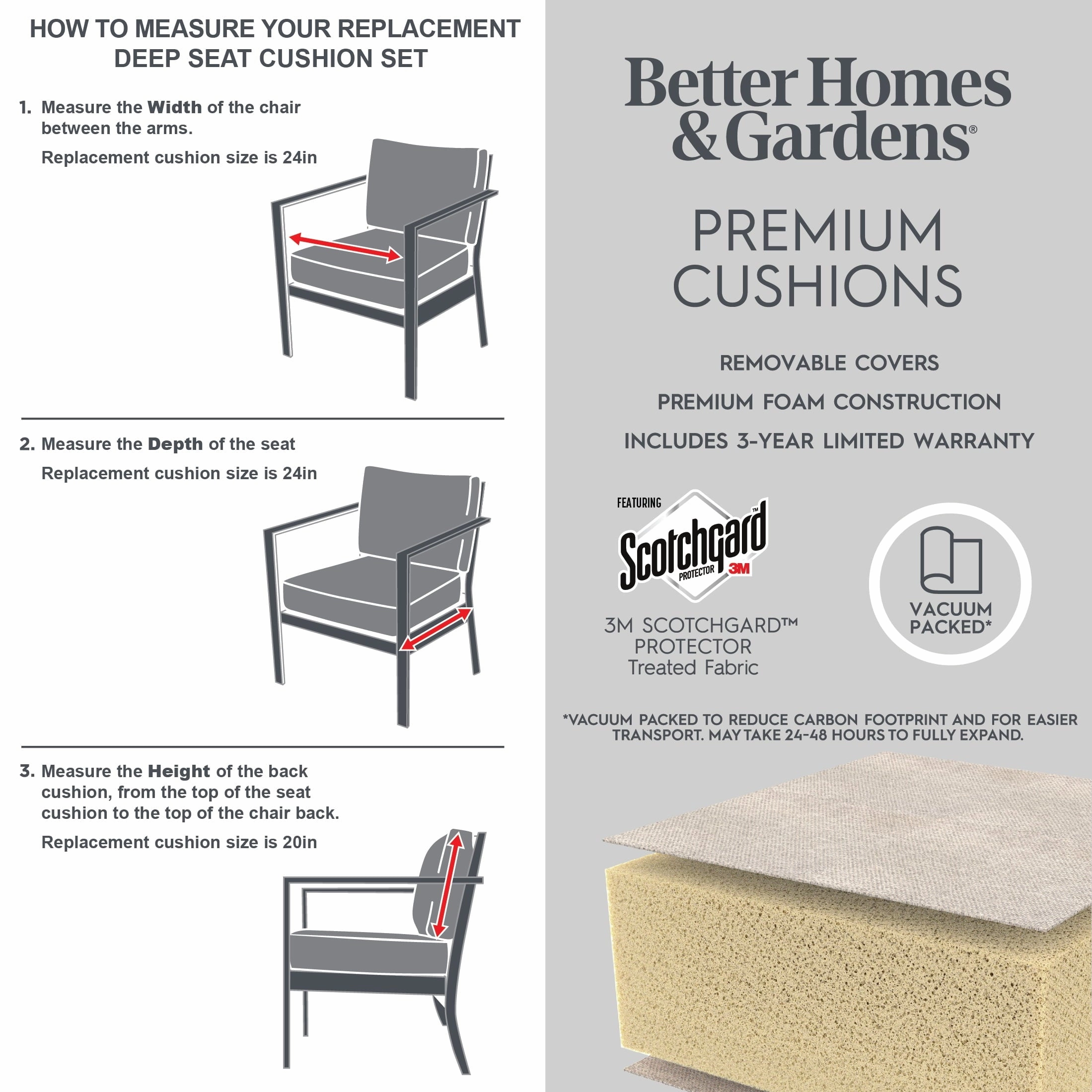 Better Homes & Gardens BH5608811816009 24"x24" Premium Beige Outdoor 2 Piece Deep Seat Cushion