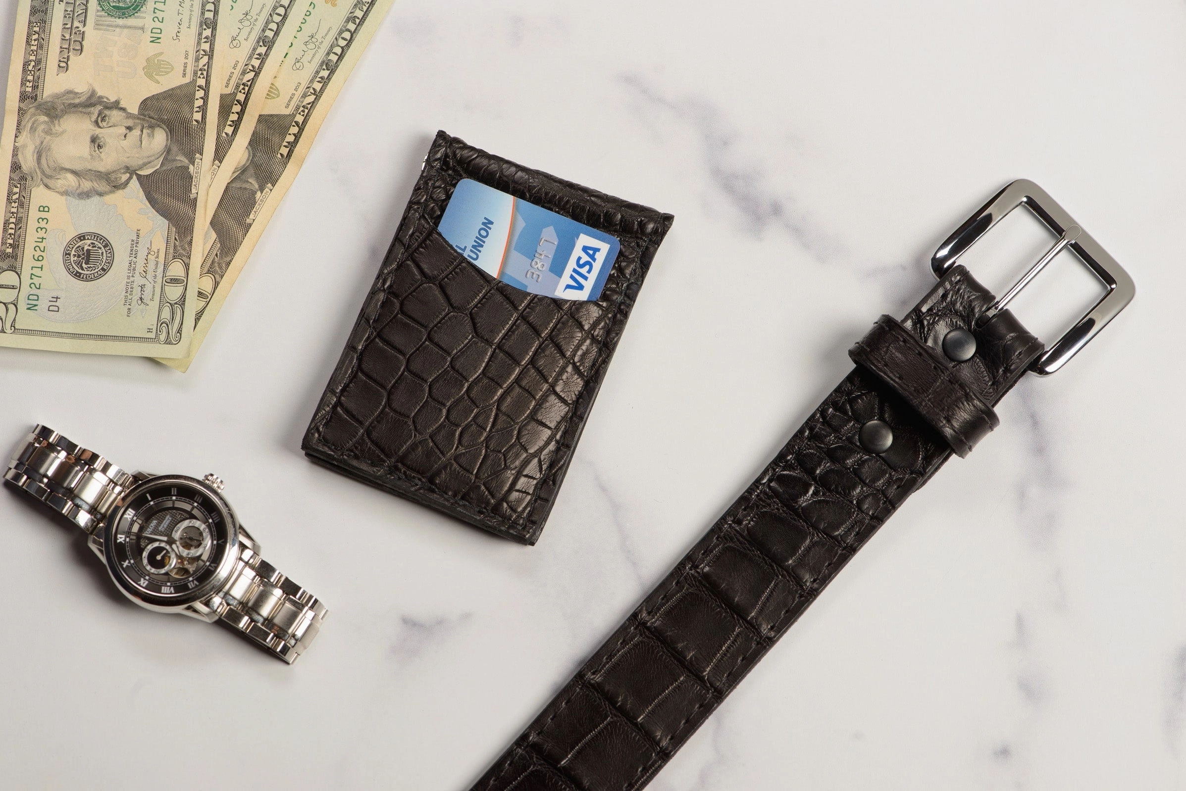 Black Alligator Bifold Slim Profile Wallet With Money Clip