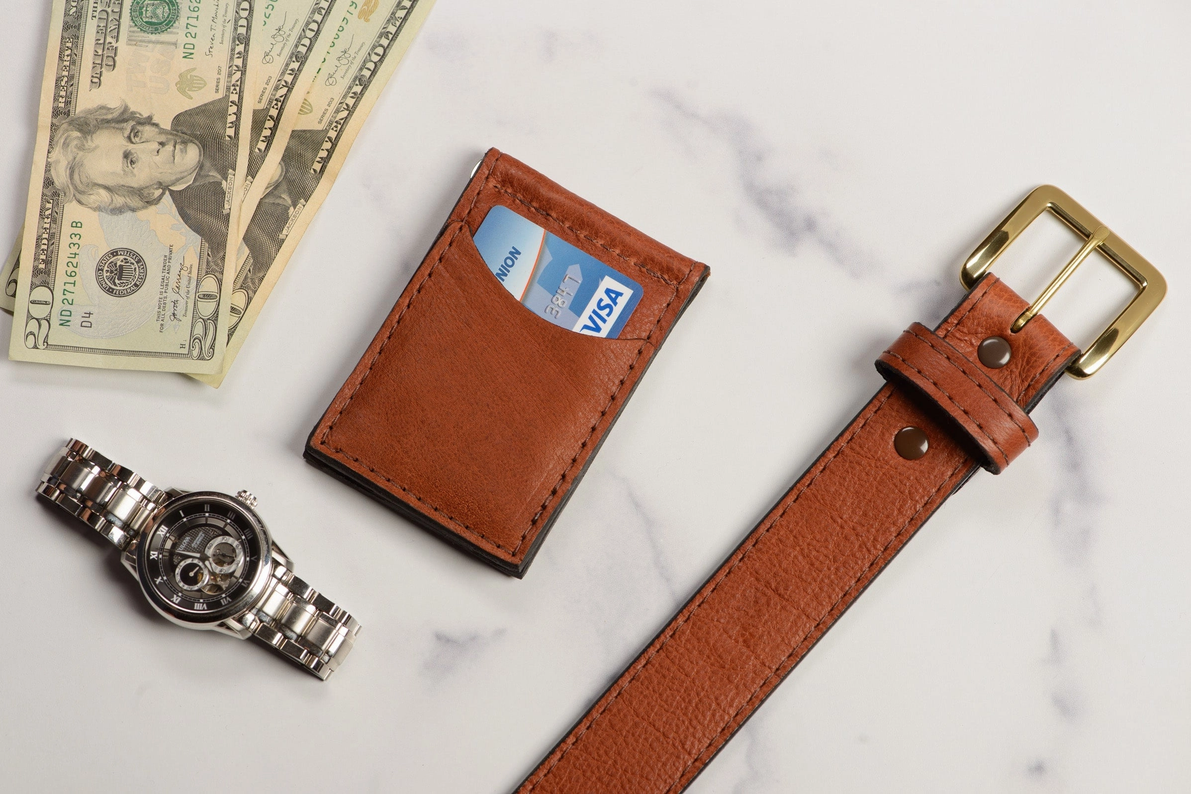 Brown Bison Bifold Slim Profile Wallet With Money Clip