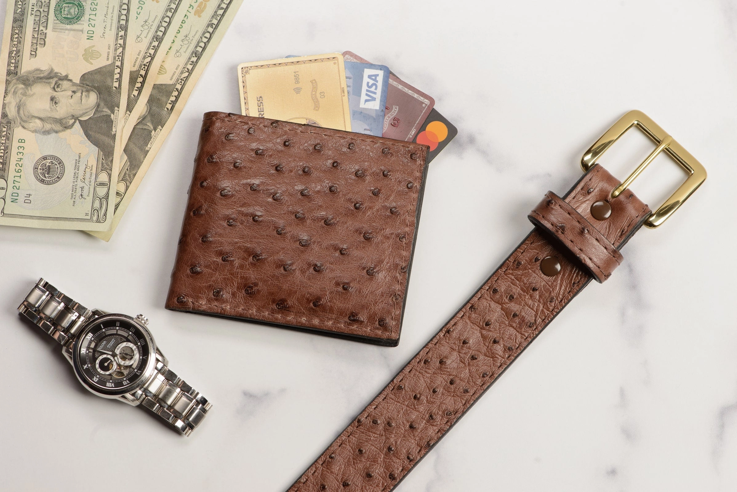 Brown Ostrich Bifold Wallet