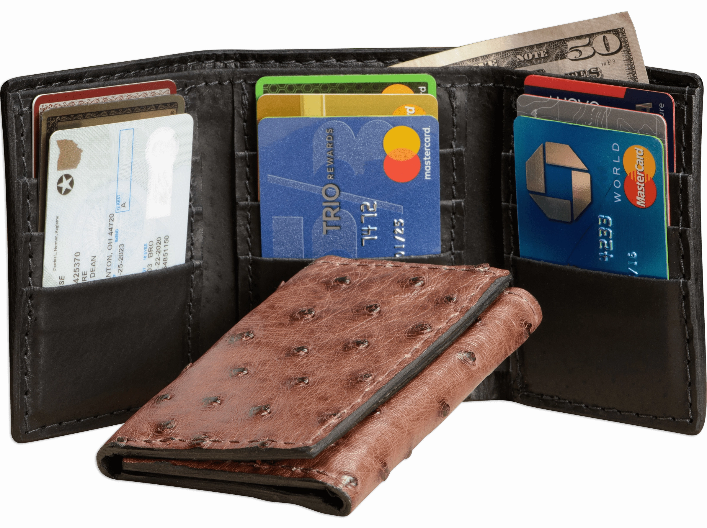 Brown Ostrich Trifold Wallet
