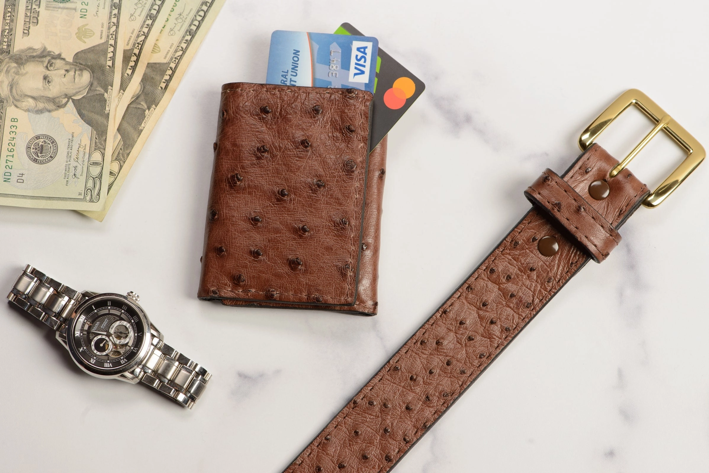 Brown Ostrich Trifold Wallet