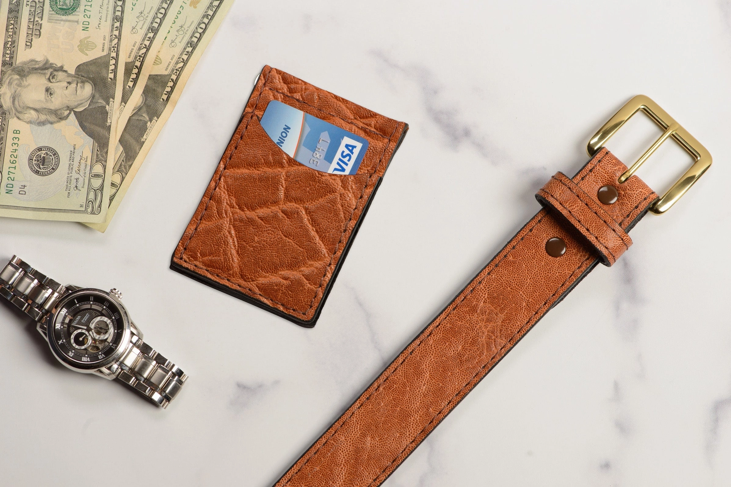 Caramel Brown Elephant Bifold Slim Profile Wallet With Money Clip