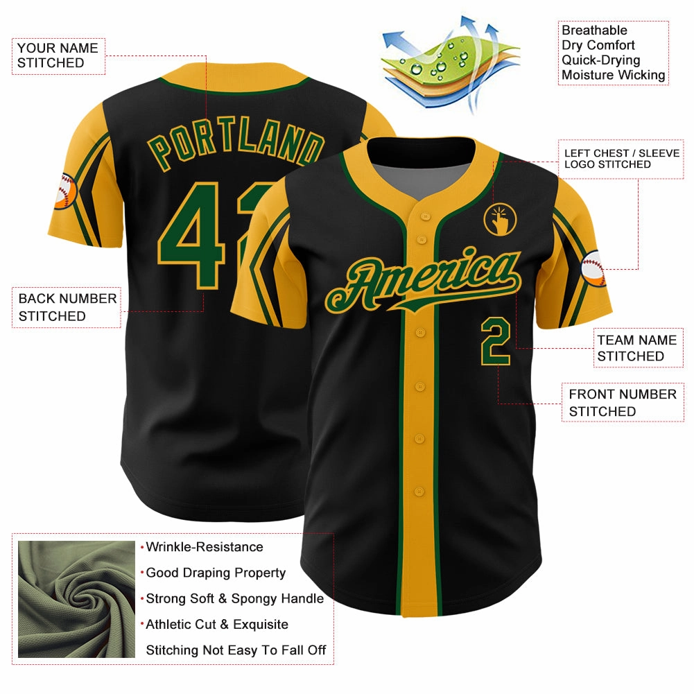 Custom Black Green-Gold 3 Colors Arm Shapes Authentic Baseball Jersey