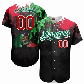 Custom Black Red Kelly Green 3D Mexican Flag Watercolored Splashes Grunge Design Authentic Baseball Jersey