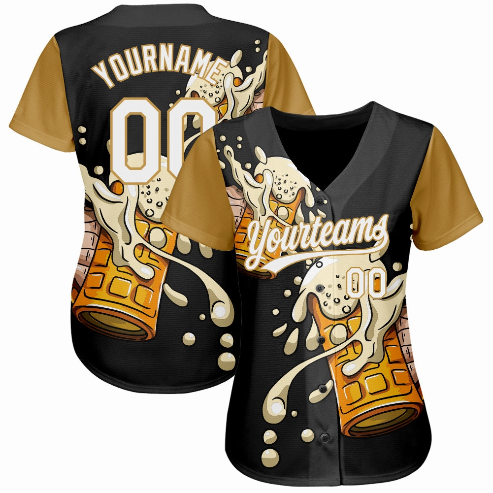 Custom Black White-Old Gold 3D Pattern Design Beer Festival Authentic Baseball Jersey