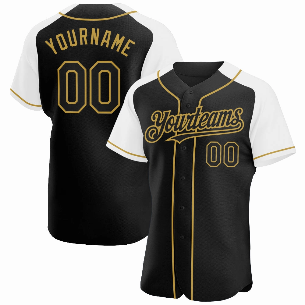 Custom Black White-Old Gold Authentic Raglan Sleeves Baseball Jersey
