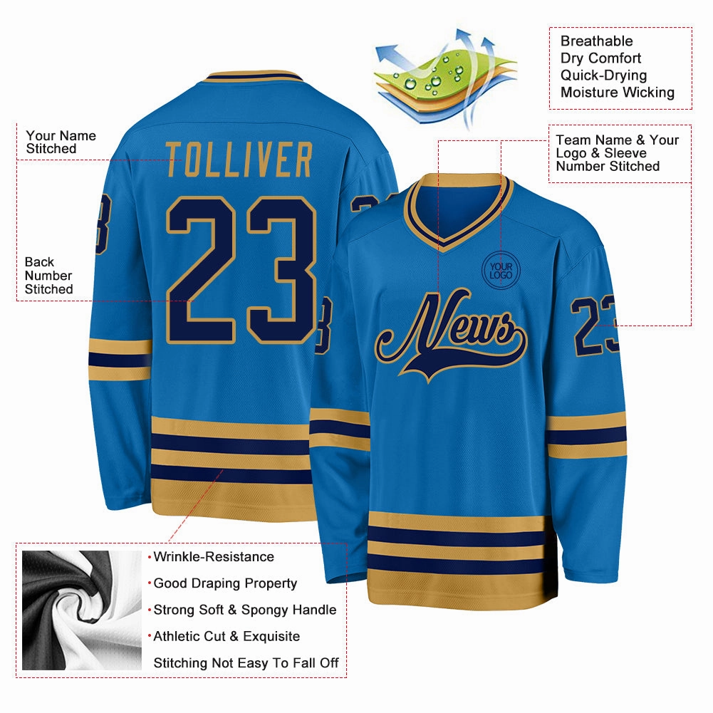 Custom Blue Navy-Old Gold Hockey Jersey