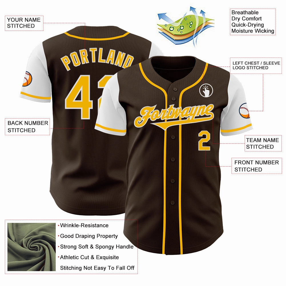 Custom Brown Gold-White Authentic Two Tone Baseball Jersey