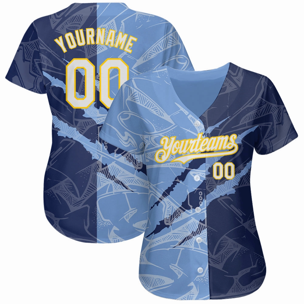 Custom Graffiti Pattern White Navy Light Blue-Yellow 3D Scratch Authentic Baseball Jersey