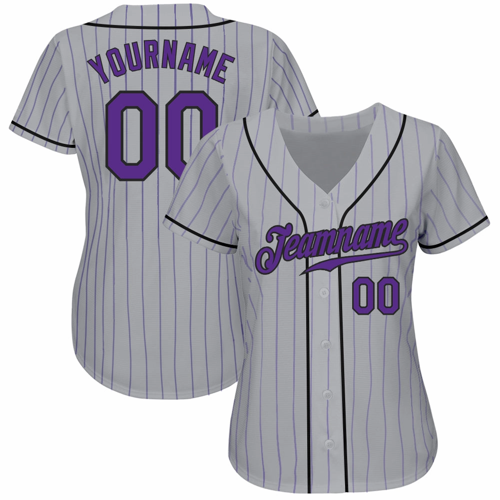 Custom Gray Purple Pinstripe Purple-Black Authentic Baseball Jersey