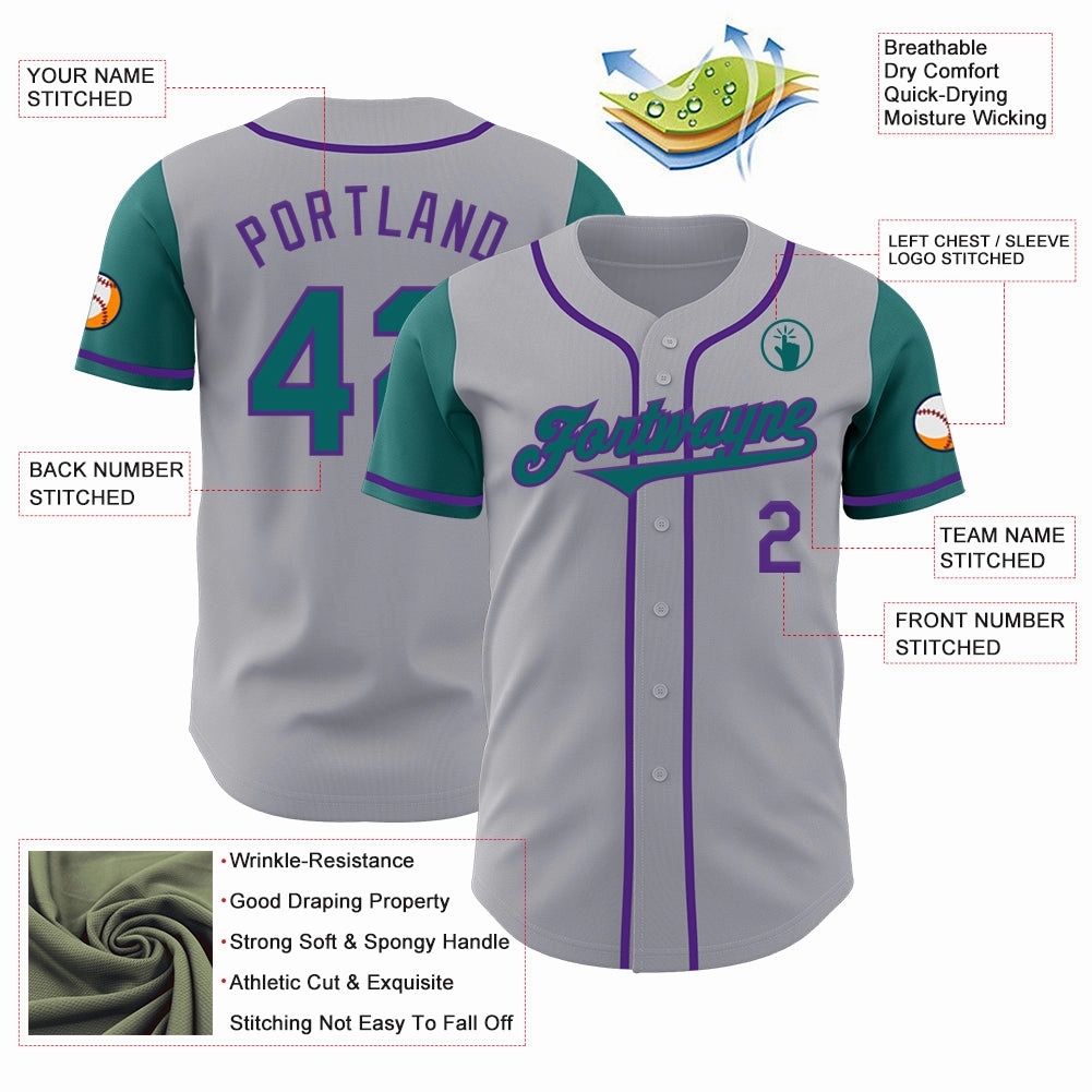 Custom Gray Teal-Purple Authentic Two Tone Baseball Jersey