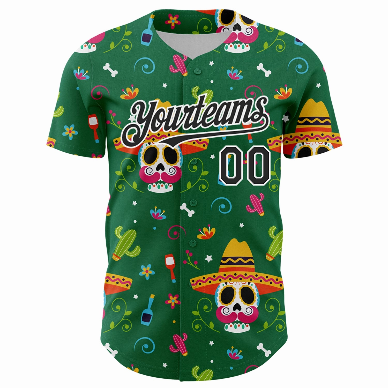 Custom Kelly Green Black-White 3D Mexican Festival Flower Skull With Sombrero Cinco de Mayo Authentic Baseball Jersey