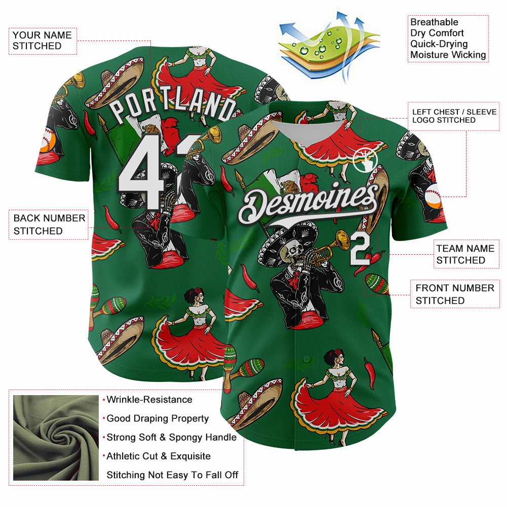 Custom Kelly Green White-Black 3D Mexican Festival Skull Cinco de Mayo Authentic Baseball Jersey