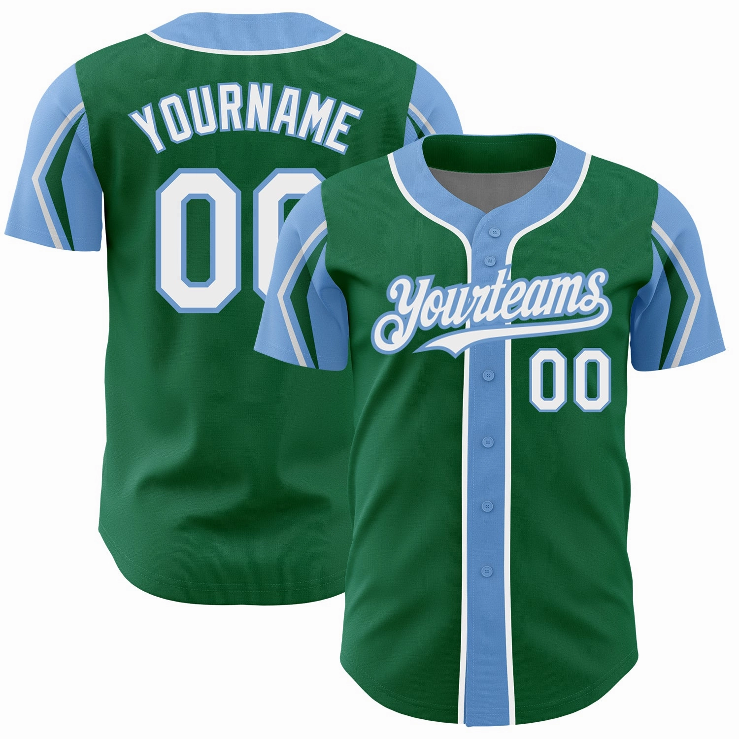 Custom Kelly Green White-Light Blue 3 Colors Arm Shapes Authentic Baseball Jersey