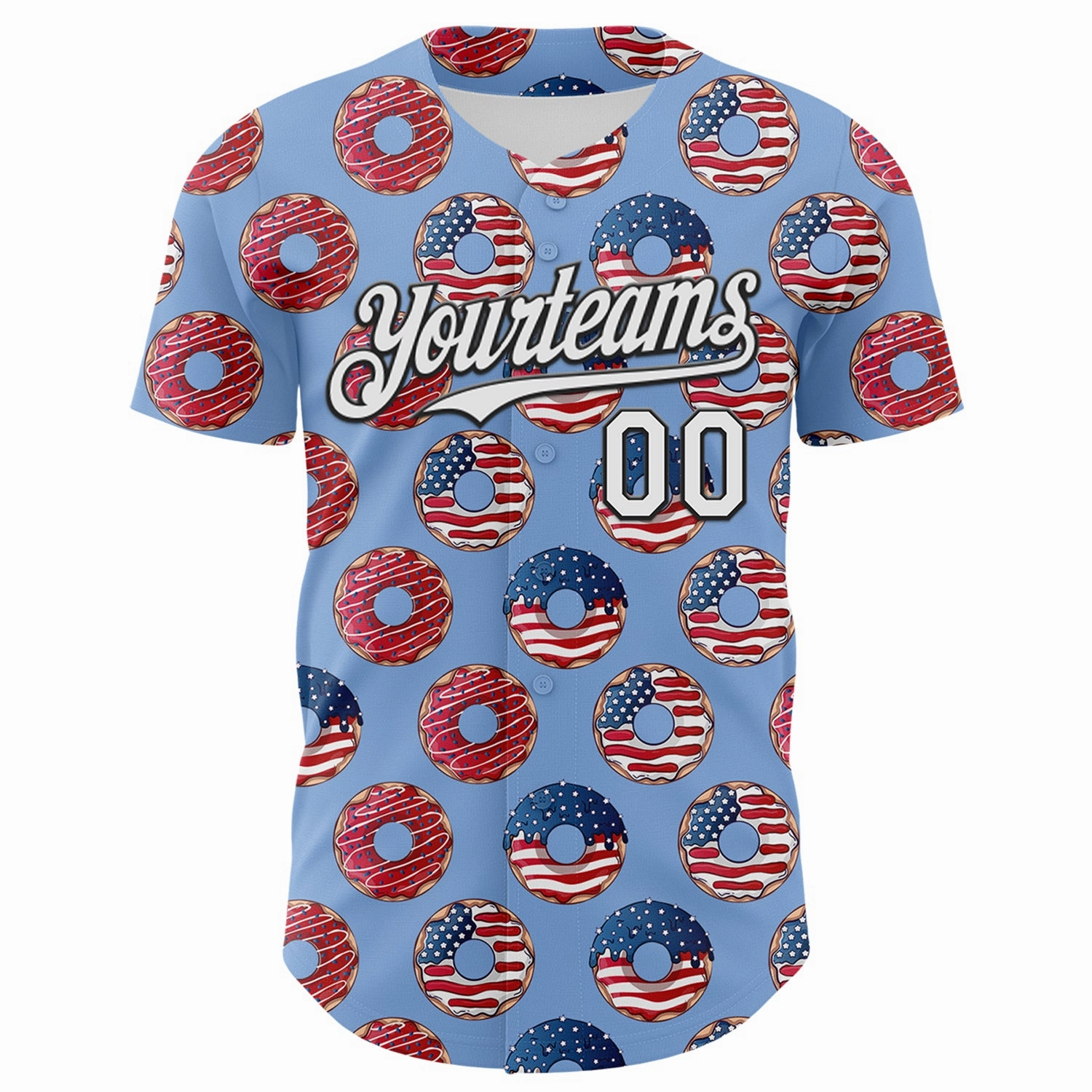 Custom Light Blue White-Black 3D Pattern Design USA Flag Foodie Food Dessert Donut Authentic Baseball Jersey