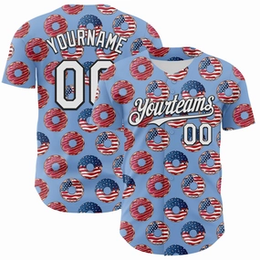 Custom Light Blue White-Black 3D Pattern Design USA Flag Foodie Food Dessert Donut Authentic Baseball Jersey