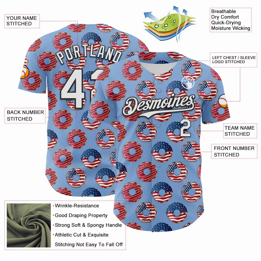 Custom Light Blue White-Black 3D Pattern Design USA Flag Foodie Food Dessert Donut Authentic Baseball Jersey