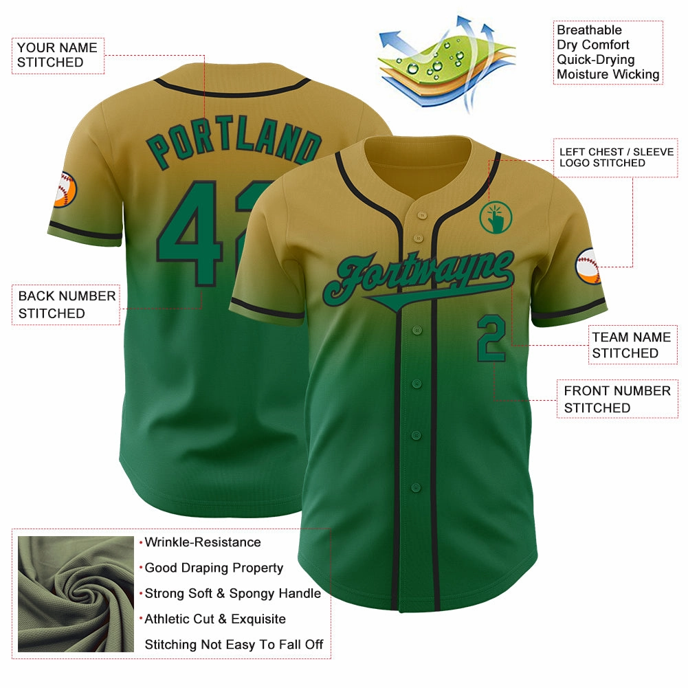 Custom Old Gold Kelly Green-Black Authentic Fade Fashion Baseball Jersey