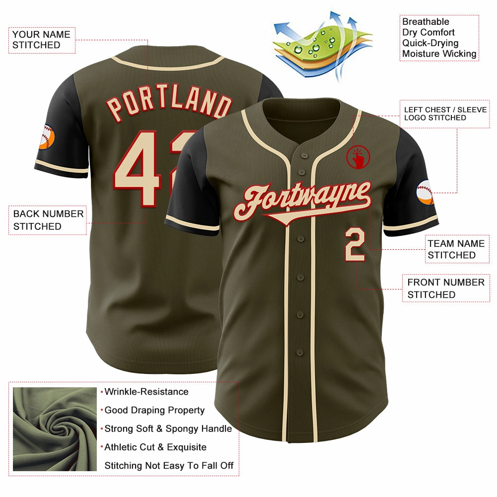 Custom Olive Cream Red-Black Authentic Salute To Service Two Tone Baseball Jersey