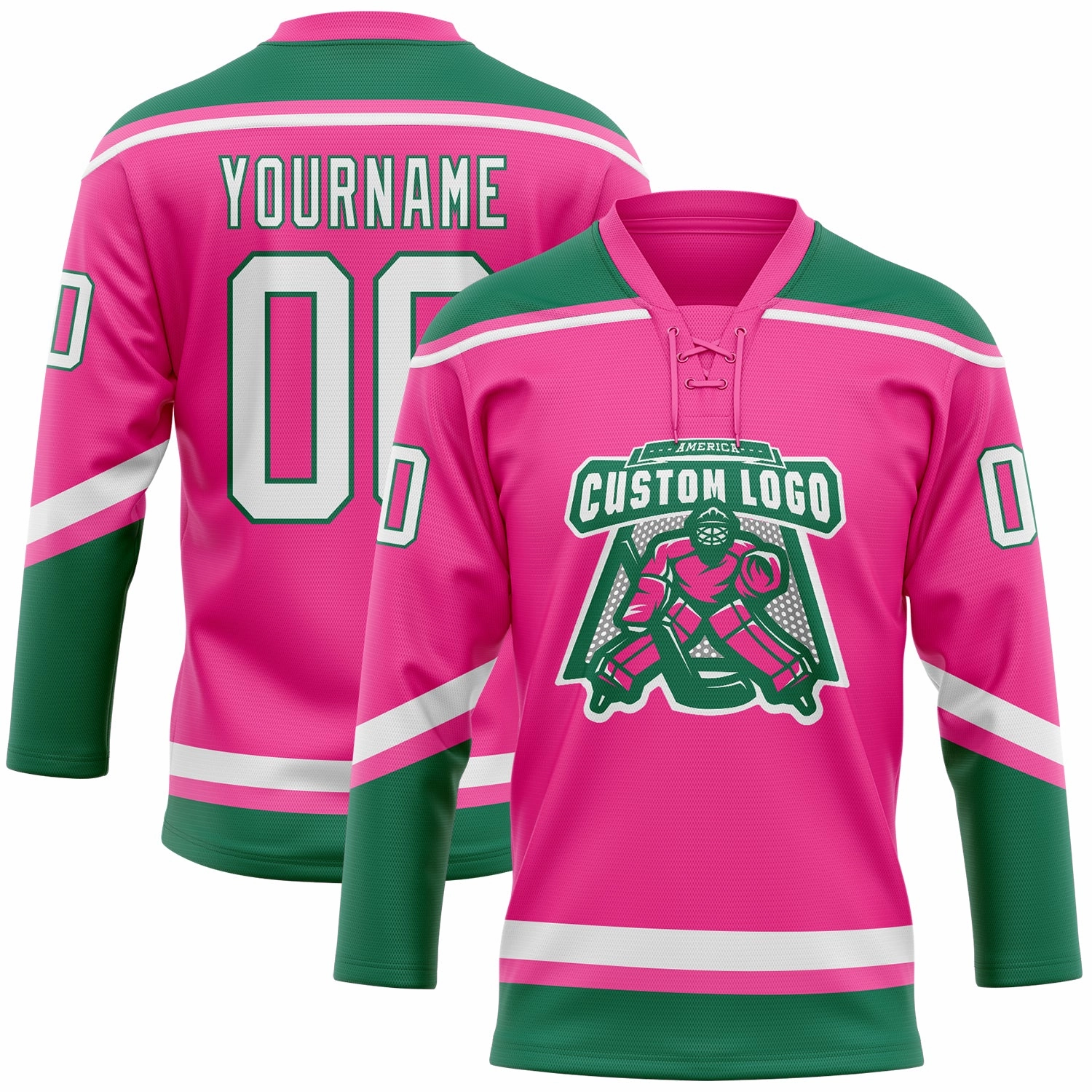 Custom Pink White-Kelly Green Hockey Lace Neck Jersey