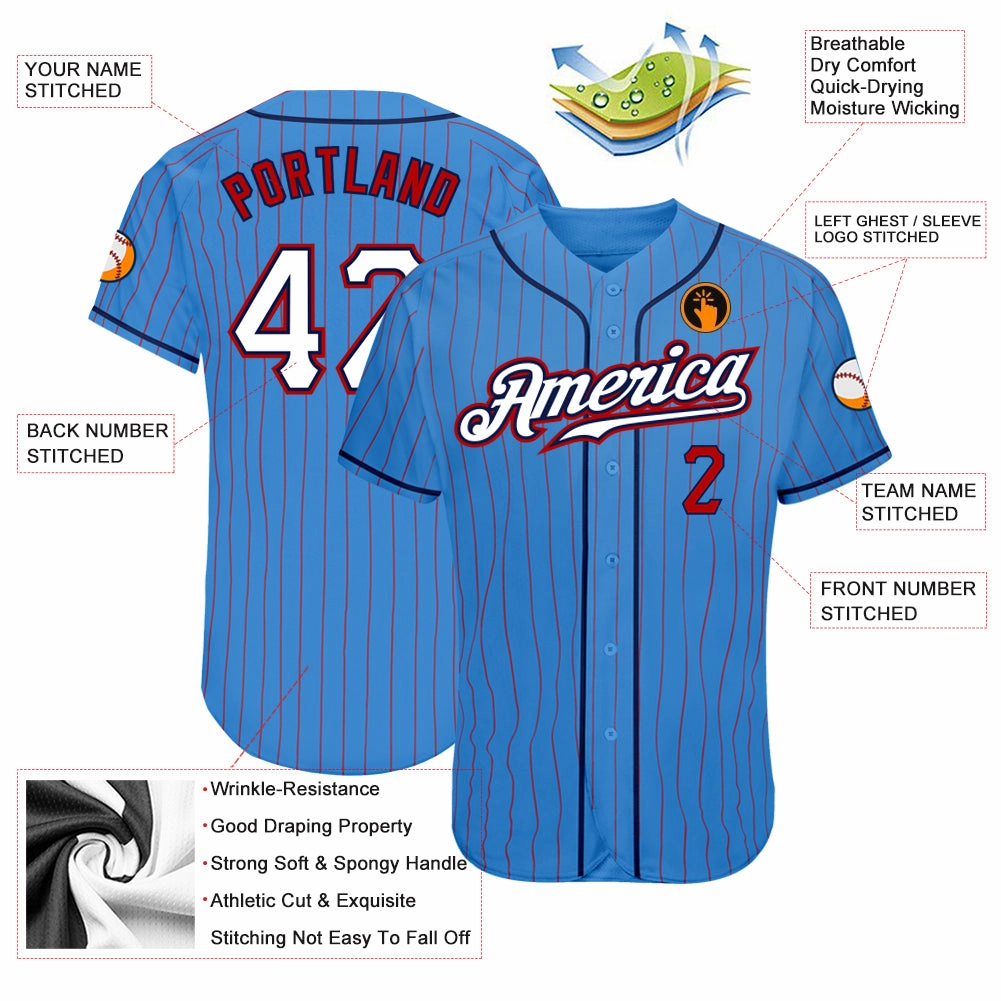 Custom Powder Blue Red Pinstripe White-Navy Authentic Baseball Jersey