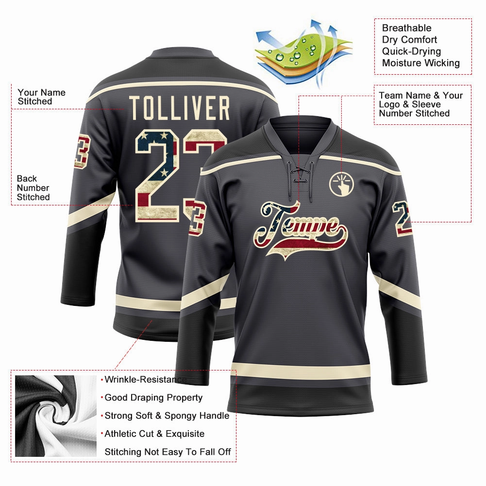 Custom Steel Gray Vintage USA Flag Cream-Black Hockey Lace Neck Jersey