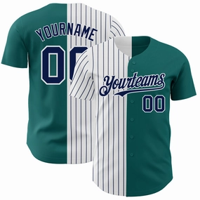 Custom Teal White-Navy Pinstripe Authentic Split Fashion Baseball Jersey