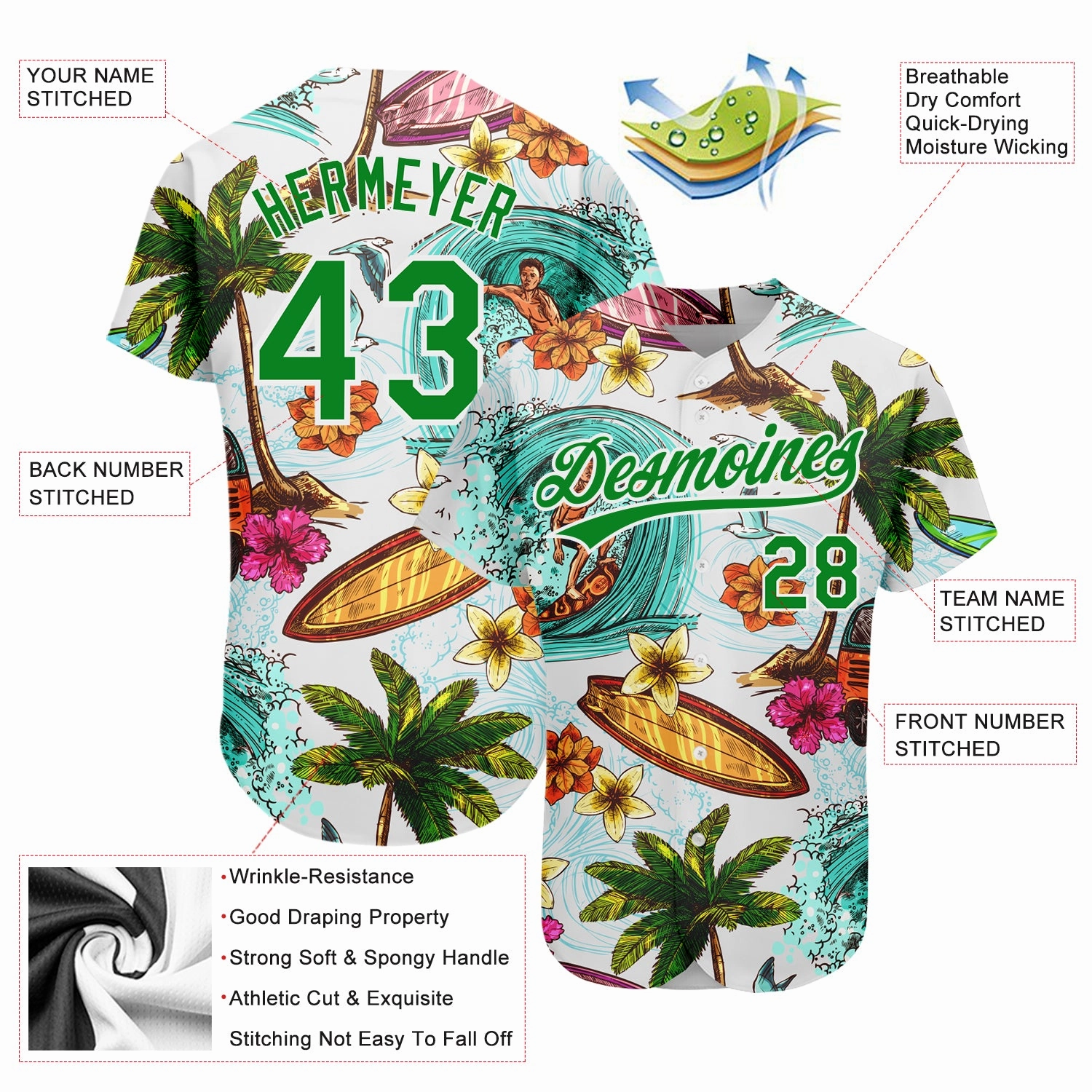 Custom White Grass Green 3D Pattern Design Hawaii Palm Trees And Beach Surfing Authentic Baseball Jersey