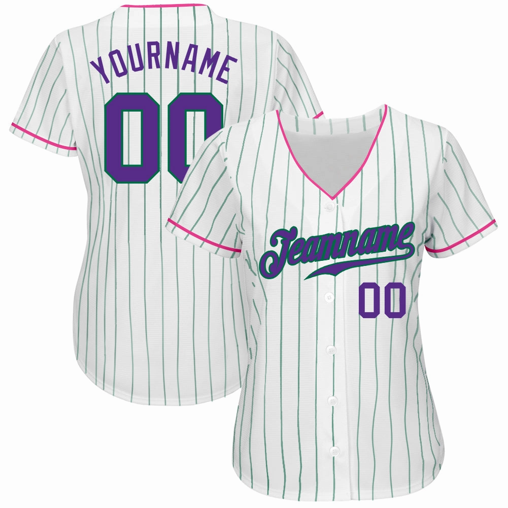 Custom White Kelly Green Pinstripe Purple-Pink Authentic Baseball Jersey