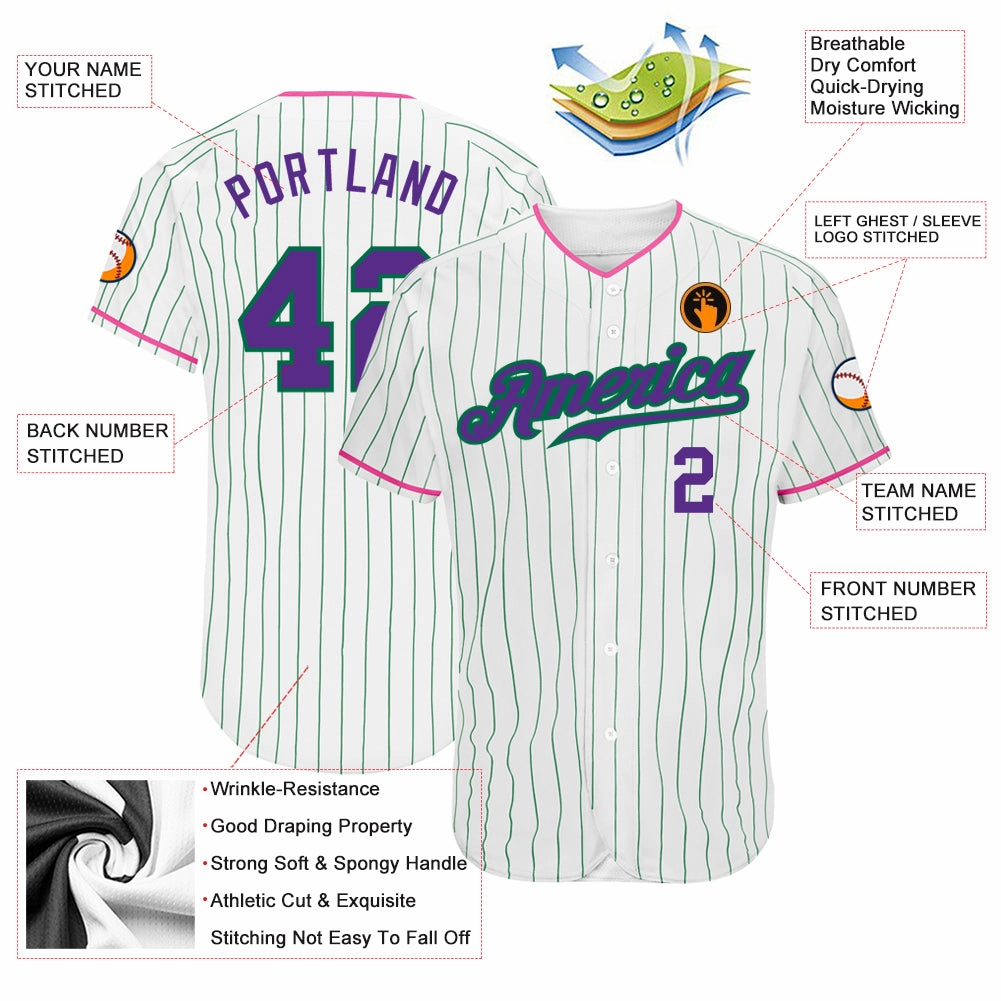 Custom White Kelly Green Pinstripe Purple-Pink Authentic Baseball Jersey