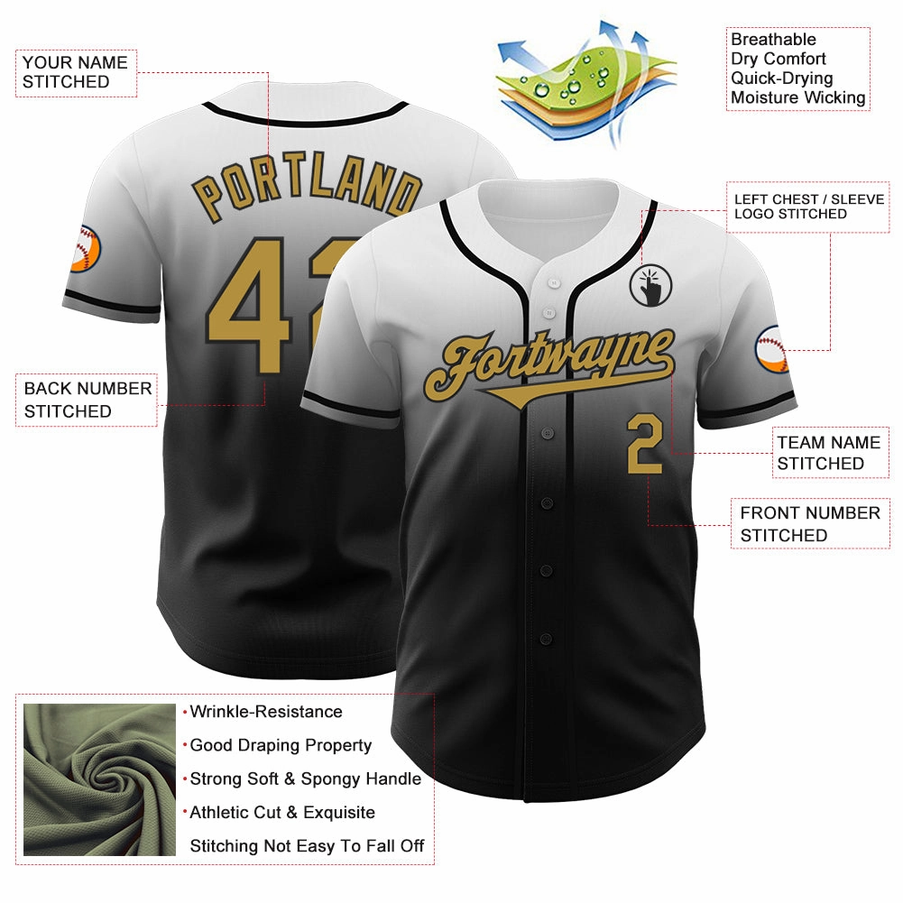 Custom White Old Gold-Black Authentic Fade Fashion Baseball Jersey