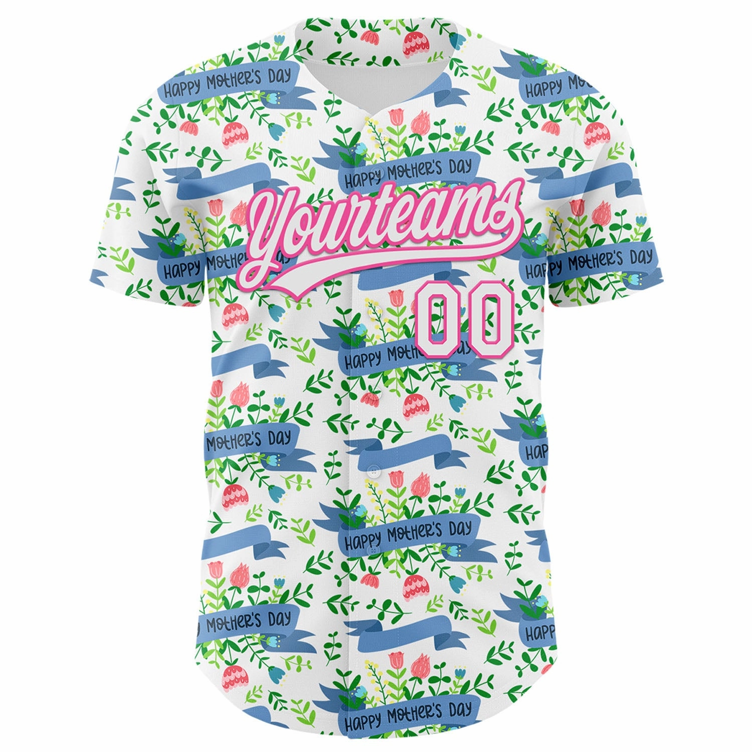 Custom White Pink 3D Pattern Design Mother's Day Flower Authentic Baseball Jersey
