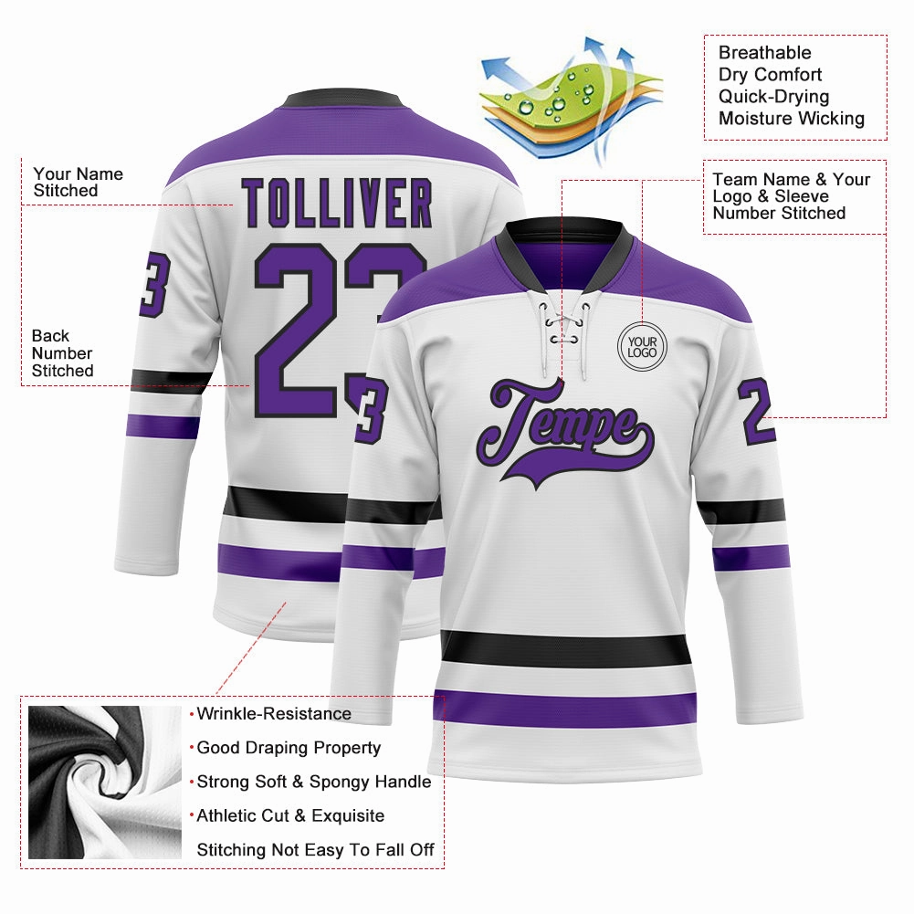 Custom White Purple-Black Hockey Lace Neck Jersey