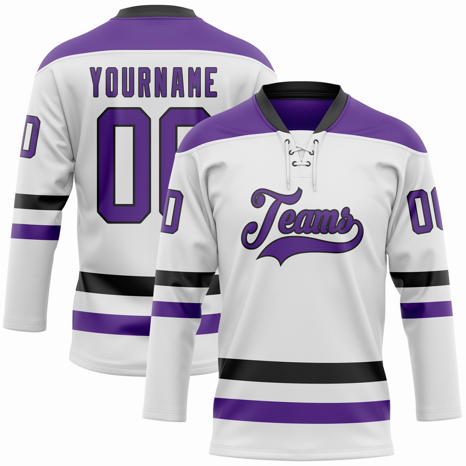 Custom White Purple-Black Hockey Lace Neck Jersey
