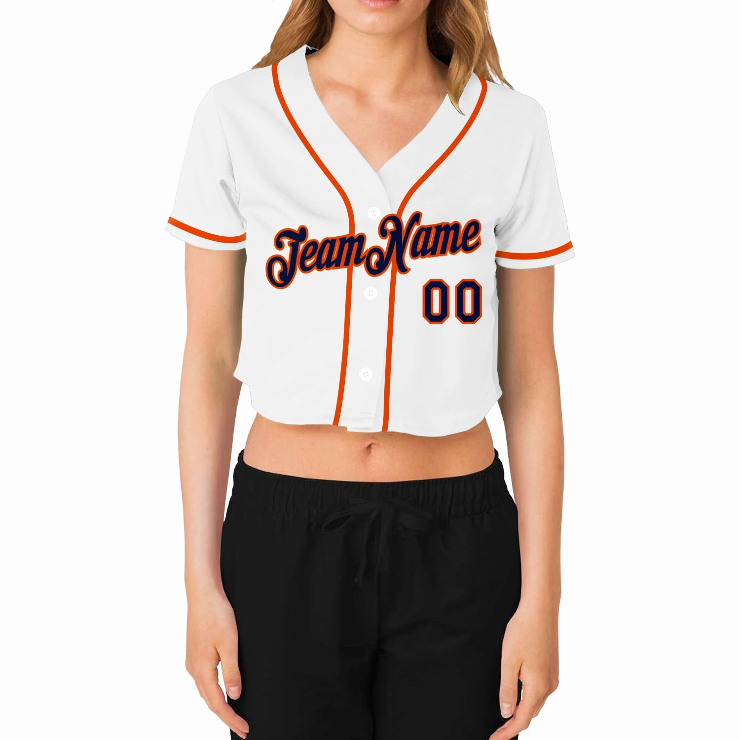 Custom Women's White Navy-Orange V-Neck Cropped Baseball Jersey