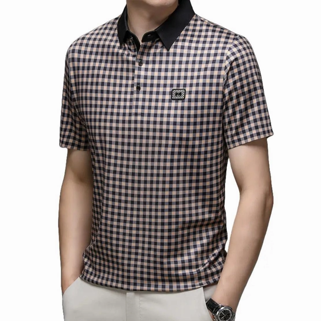 DomiGe Men's Summer Ice Silk Polo Shirt Business Casual Short Sleeve