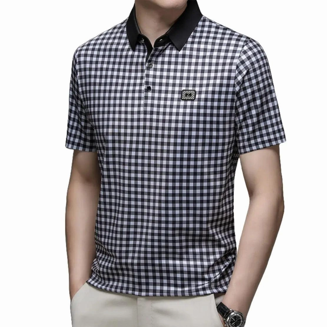 DomiGe Men's Summer Ice Silk Polo Shirt Business Casual Short Sleeve
