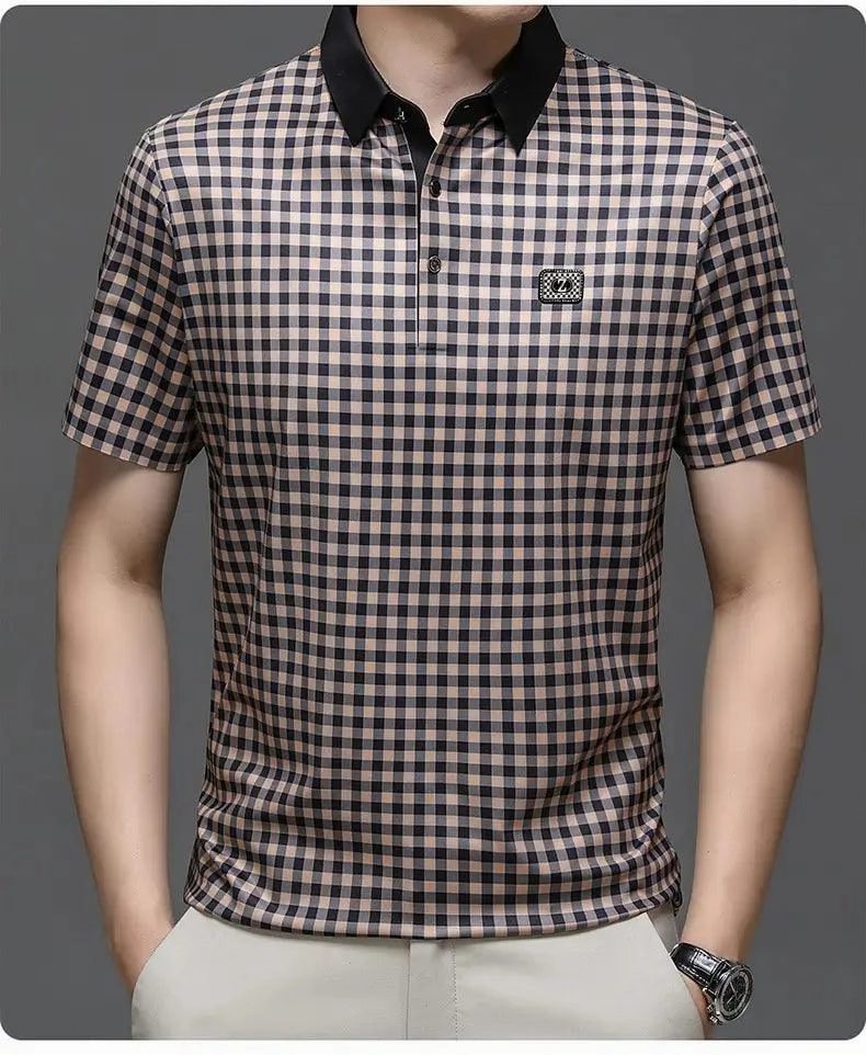 DomiGe Men's Summer Ice Silk Polo Shirt Business Casual Short Sleeve