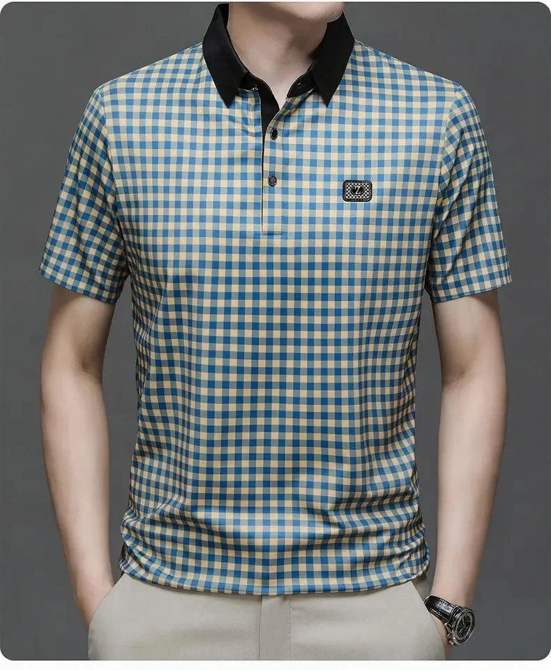 DomiGe Men's Summer Ice Silk Polo Shirt Business Casual Short Sleeve