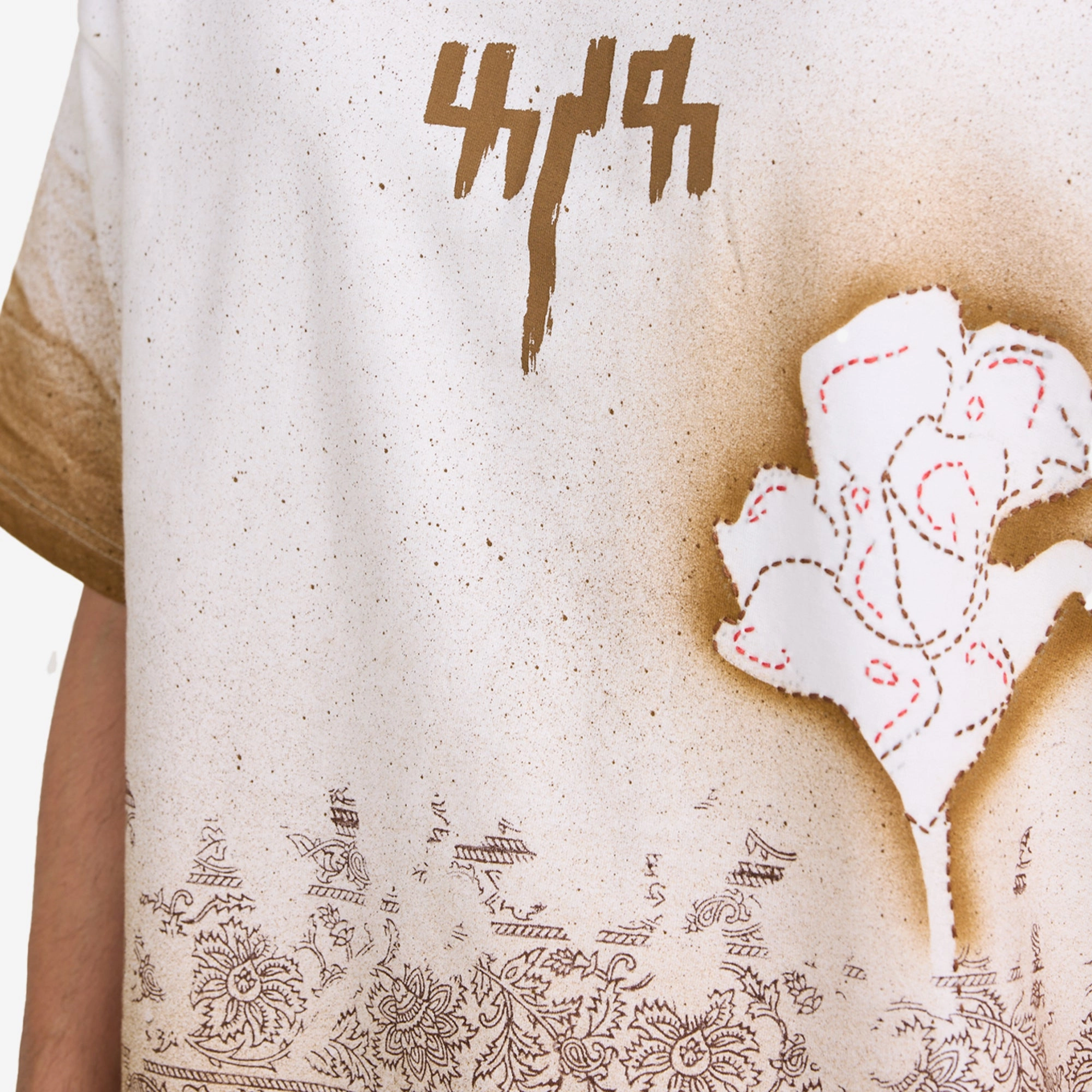 F A R A K | BURNING FLOWER HANDMADE T-SHIRT { WHITE/WHITE