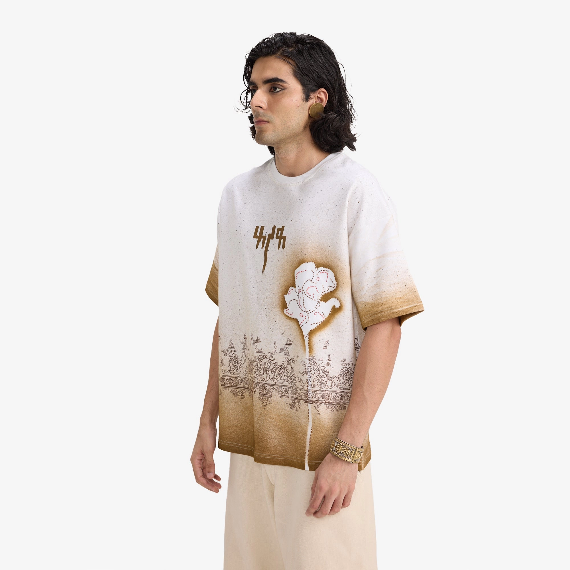 F A R A K | BURNING FLOWER HANDMADE T-SHIRT { WHITE/WHITE