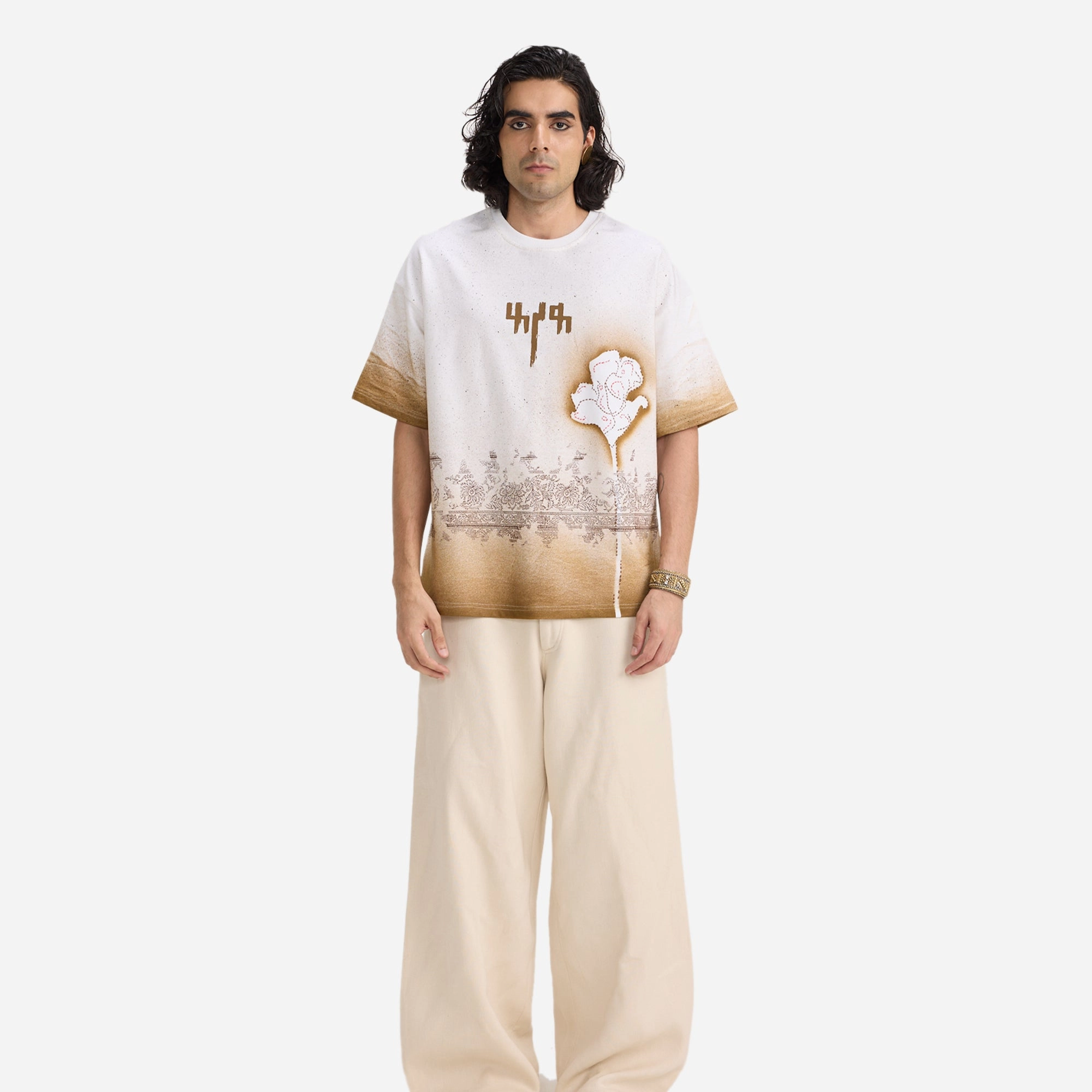 F A R A K | BURNING FLOWER HANDMADE T-SHIRT { WHITE/WHITE