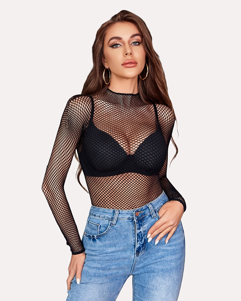 Fishnet Mesh Long Sleeve Tops