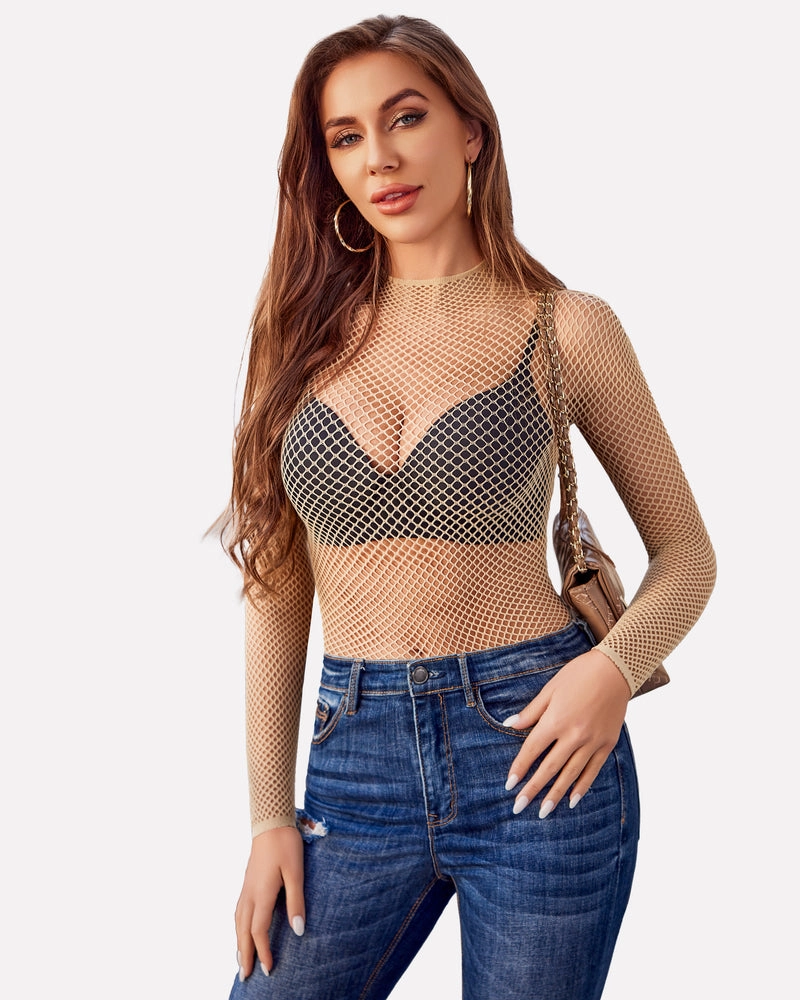 Fishnet Mesh Long Sleeve Tops