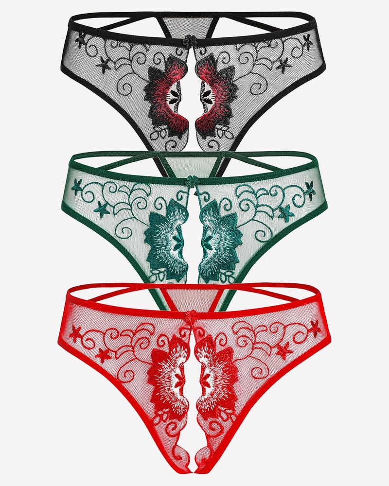 Floral Briefs Embroidered Thongs Panties