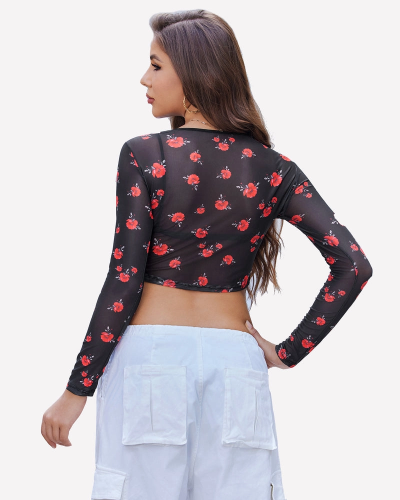 Floral Mesh Sheer Crop Top