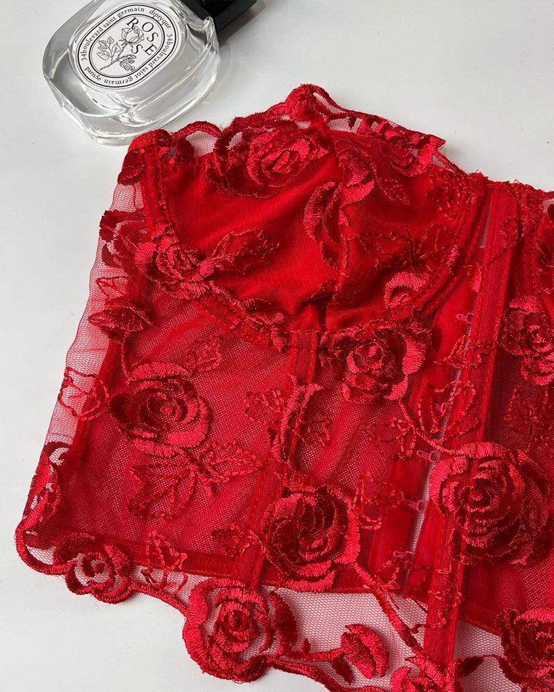 Floral Strapless Tube Top Boned Mesh Bustier