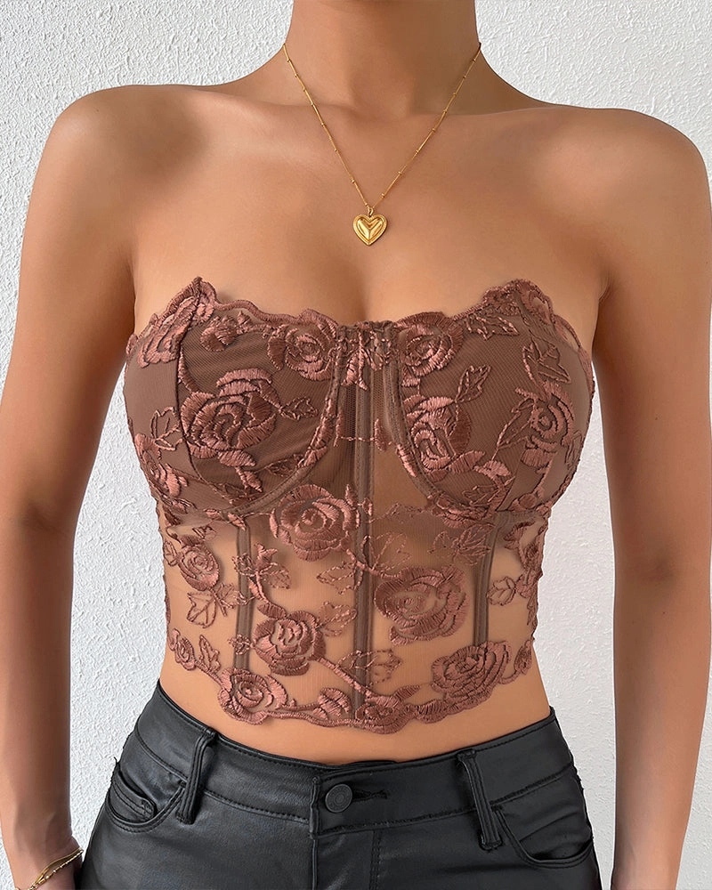 Floral Strapless Tube Top Boned Mesh Bustier